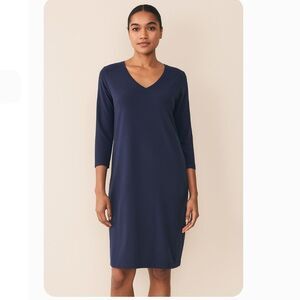 Eileen Fisher Navy Blue Jersey V-Neck Shift Dress Size M